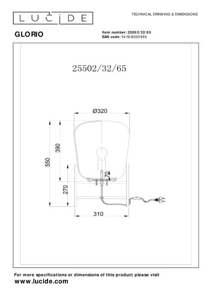 Lucide GLORIO - Lampe de table - Ø 32 cm - 1xE27 - Noir - TECHNISCH